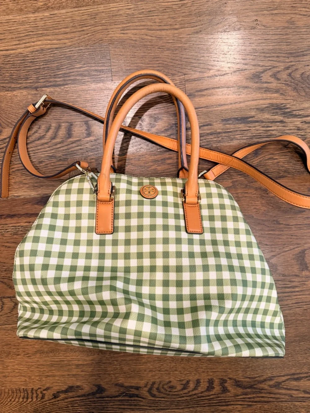 Tory Burch Kerrington Gingham Plaid Dome Tote Leaf Green VGUC - Picture 2 of 7